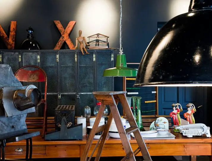 vintage industrial furniture and designer vintage by Alketas Pazis: wood vintage industrial desk, vintage industrial lockers, vintage industrial lamps and a vintage stool in wood.