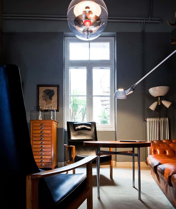 vintage industrial furniture and designer vintage interior by Alketas Pazis: vintage leather armchair, vintage industrial table and lamps, retro leather couch.