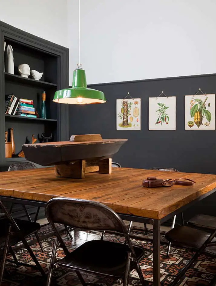vintage industrial furniture and designer vintage by Alketas Pazis: wood and metal vintage industrial table, with a set of eight vintage industrial chairs and one vintage industrial lamp.