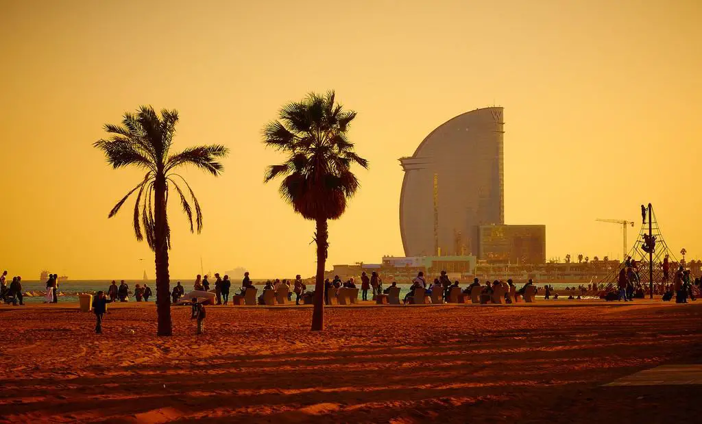 view of the beach at sunset in Barcelona