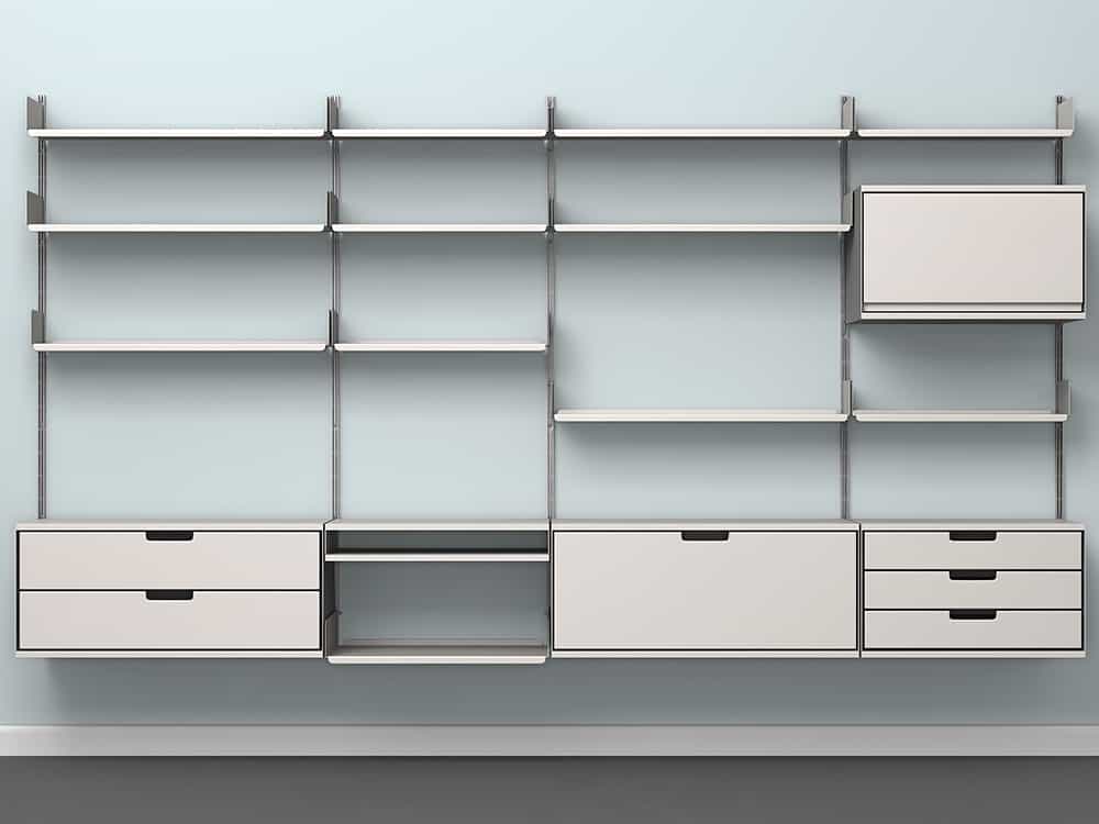 606 Universal Shelving System Dieter Rams' 606 system is perhaps the most flexible set of shelves ever designed. You start by installing a simple metal track, and from there it's endlessly configurable: Add more shelves or swap out a desk for cabinets. Once the bones are there, no tools are needed. VITSOE | STARTS AT $752 https://www.vitsoe.com/us/606