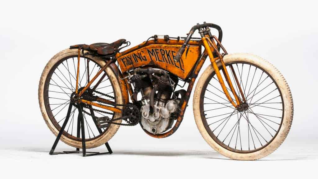 Before the “Merkel” name was associated with Europe’s most powerful woman, it was a Milwaukee-based motorcycle maker with visible influence on its neighbor, Harley-Davidson. This 1911 Flying Merkel was made for racing and is in remarkable condition. Estimated price: $350,000 to $400,000. Courtesy Mecum Auctions