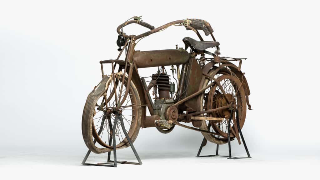 In 1912, the Minneapolis-based Theim Manufacture Co. sold this Model G two-speed, which produced some four horsepower from a 400cc engine, for $200. Mecum says it’s “remarkably complete,” including a backrest and Klaxon horn, but a new front wheel would be a good idea for anyone who wants to ride. Estimated price: $65,000 to $75,000. Courtesy Mecum Auctions