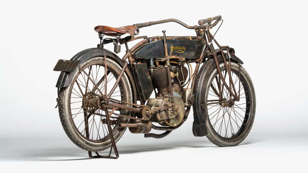 In 1913, the Minneapolis Motorcycle Company informed customers, “as to gracefulness of outline and sturdiness of build,” its bikes were “all the most exacting buying could demand.” This Model S-2 De Luxe Twin has a two-speed gearbox and comes with original paint.