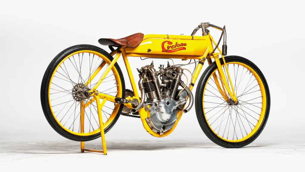 It wouldn’t be a real motorcycle collection if it didn’t somehow involve Steve McQueen. Bullitt owned this 1915 Cyclone, equipped with a V-twin that produced 45 horsepower, and no brakes. Estimated price: $650,000 to $750,000. Courtesy Mecum Auctions