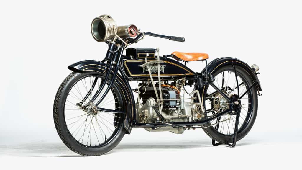 The 1917 Henderson Model G was terrifically modern for its time: It came with a three-speed gearbox, kickstarted, clutch, and rear drum brake. Another bike once owned by Steve McQueen, this Model G is one of just four known examples with the optional generator that powered the front and rear lamps and the horn. Estimated price: $135,000 to $175,000. Courtesy Mecum Auctions