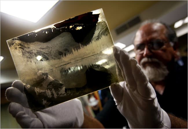 Rick Norsigian with one of the 65 glass negatives he bought in a California garage sale. Prints from them are being sold as the work of Ansel Adams. Credit Eric Paul Zamora/Fresno Bee/MCT, via Getty Images