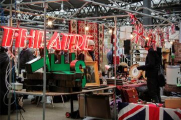 view of a booth at Old Spitalfields Market in London