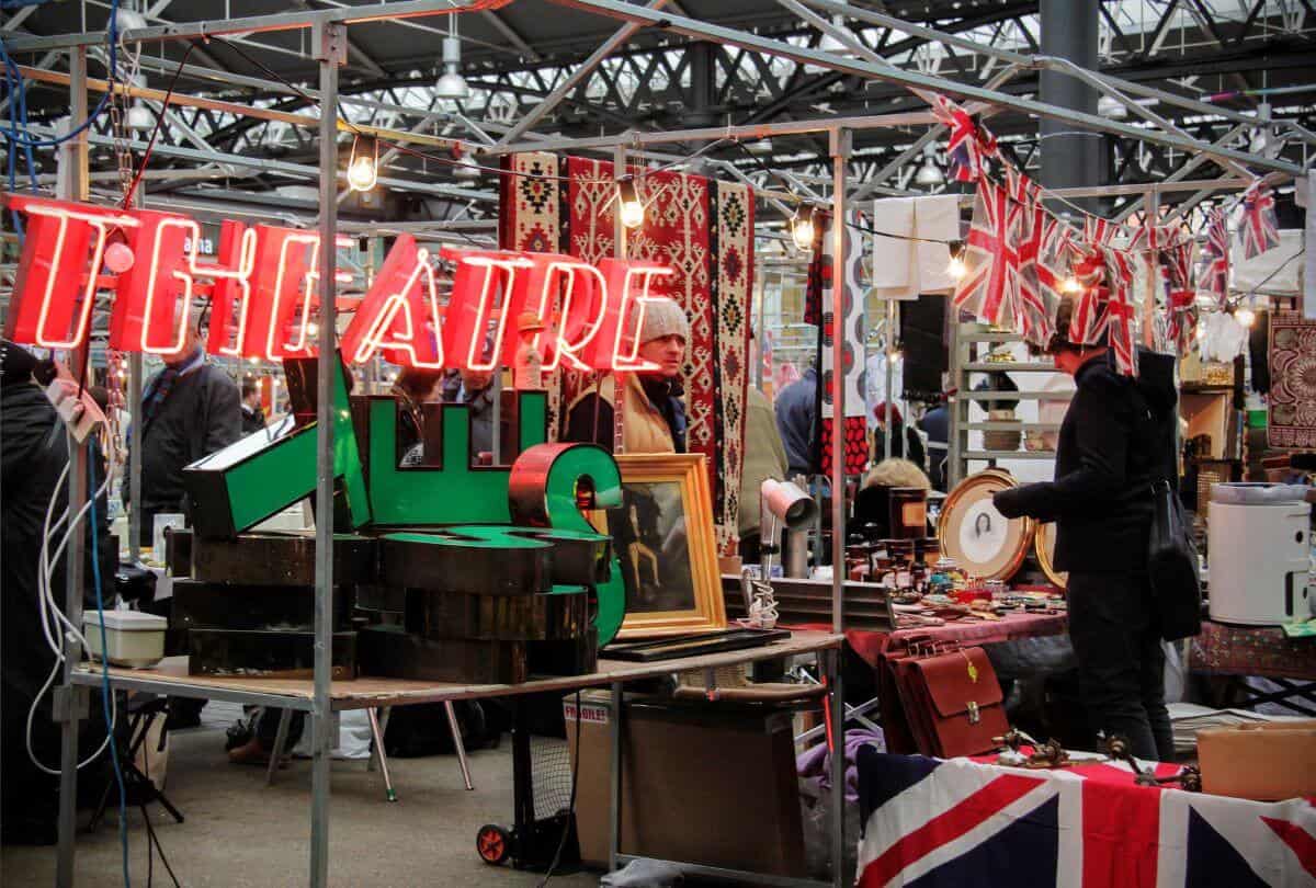 view of a booth at Old Spitalfields Market in London