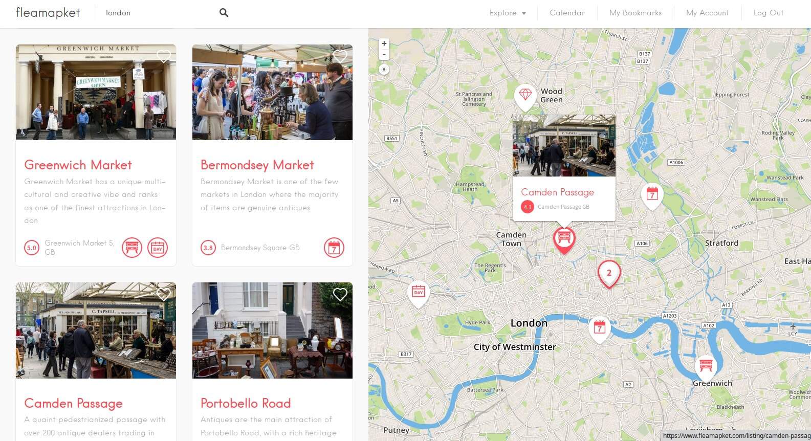 flea markets London on a map