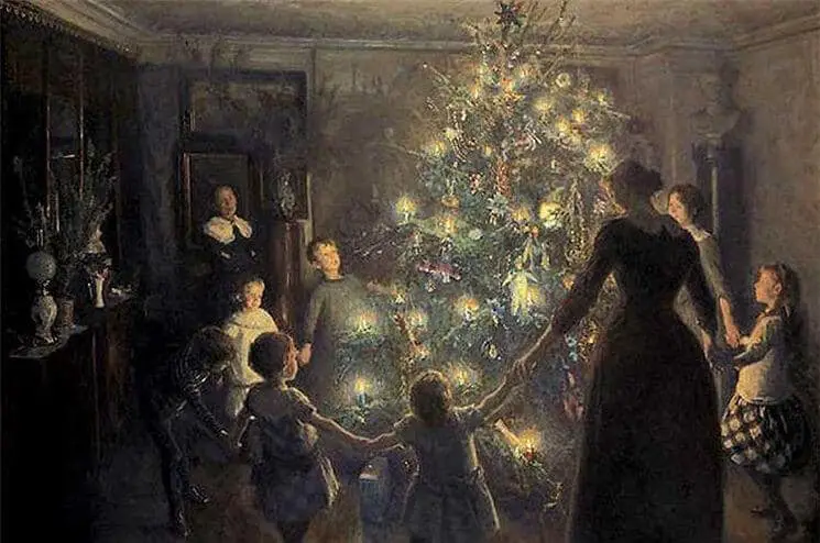 Vintage Christmas Decorations family dancing around Christmas tree