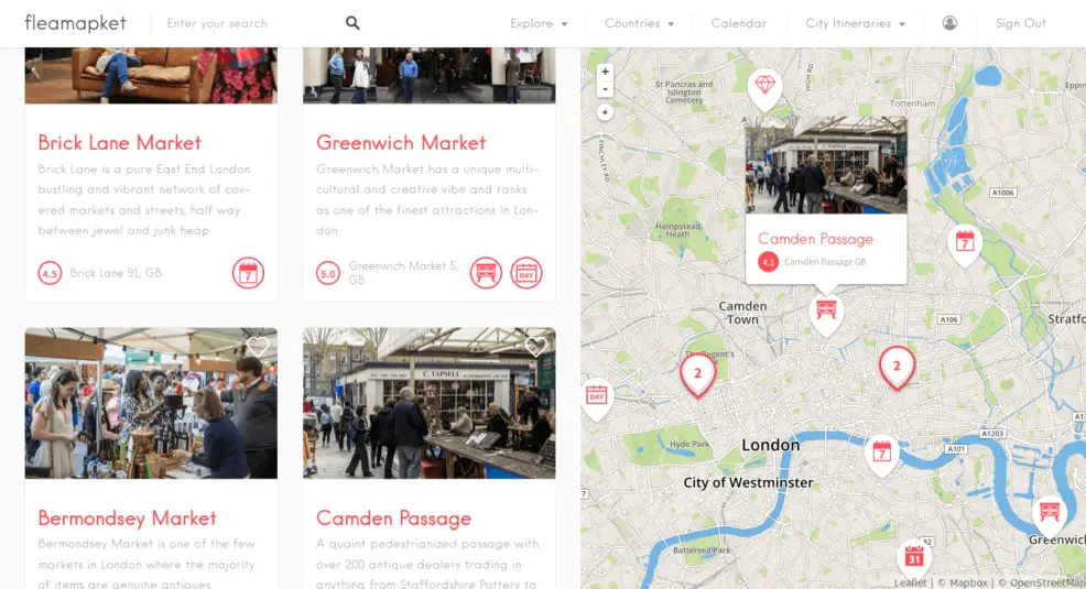 flea markets London on a map