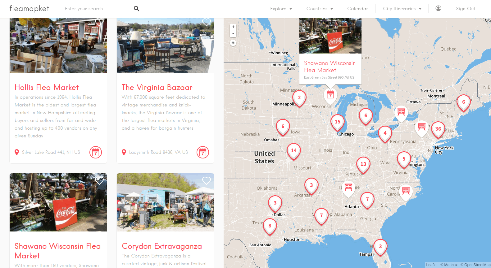 100 best flea markets in the US on a map - Fleamapket