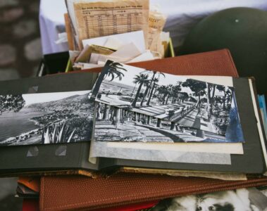 Photo album at a booth at the Alameda Swap Meet in Los Angeles